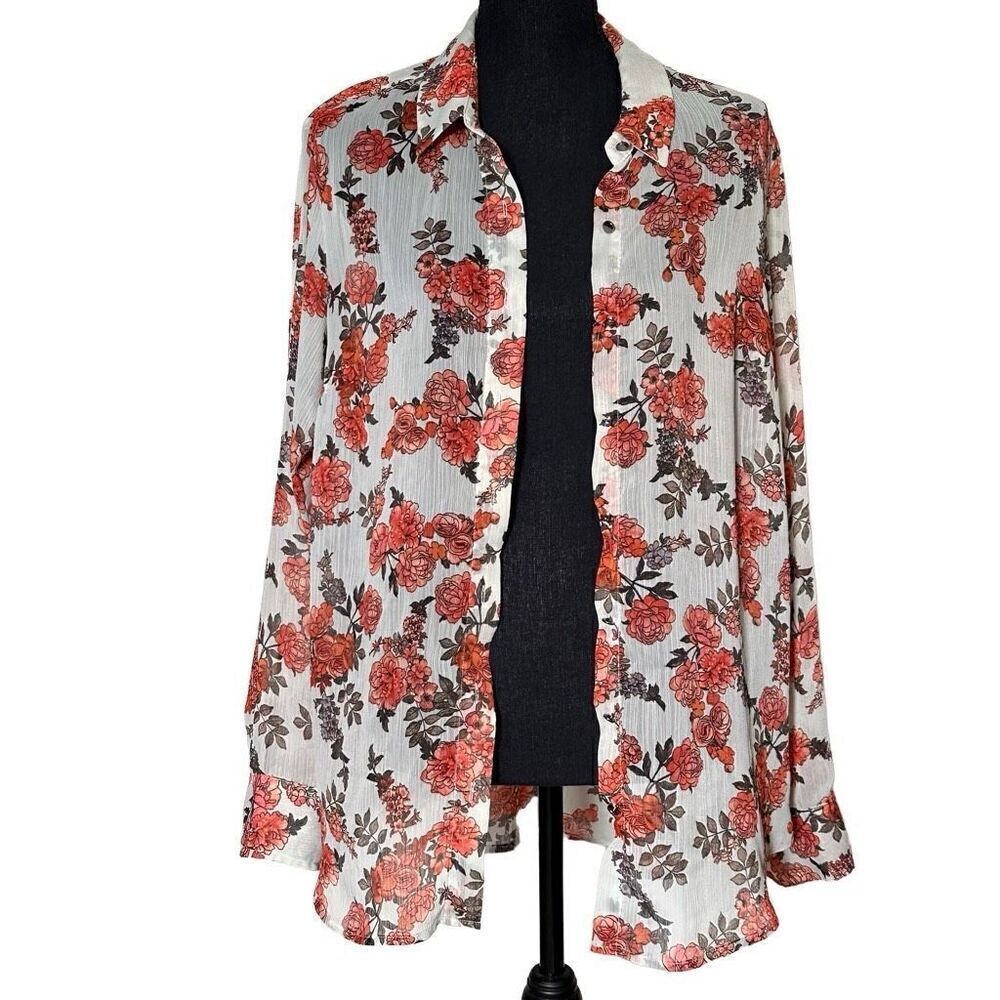 Women’s a new day Mint Floral Button Front Long Sleeve Sheer Blouse Size XL